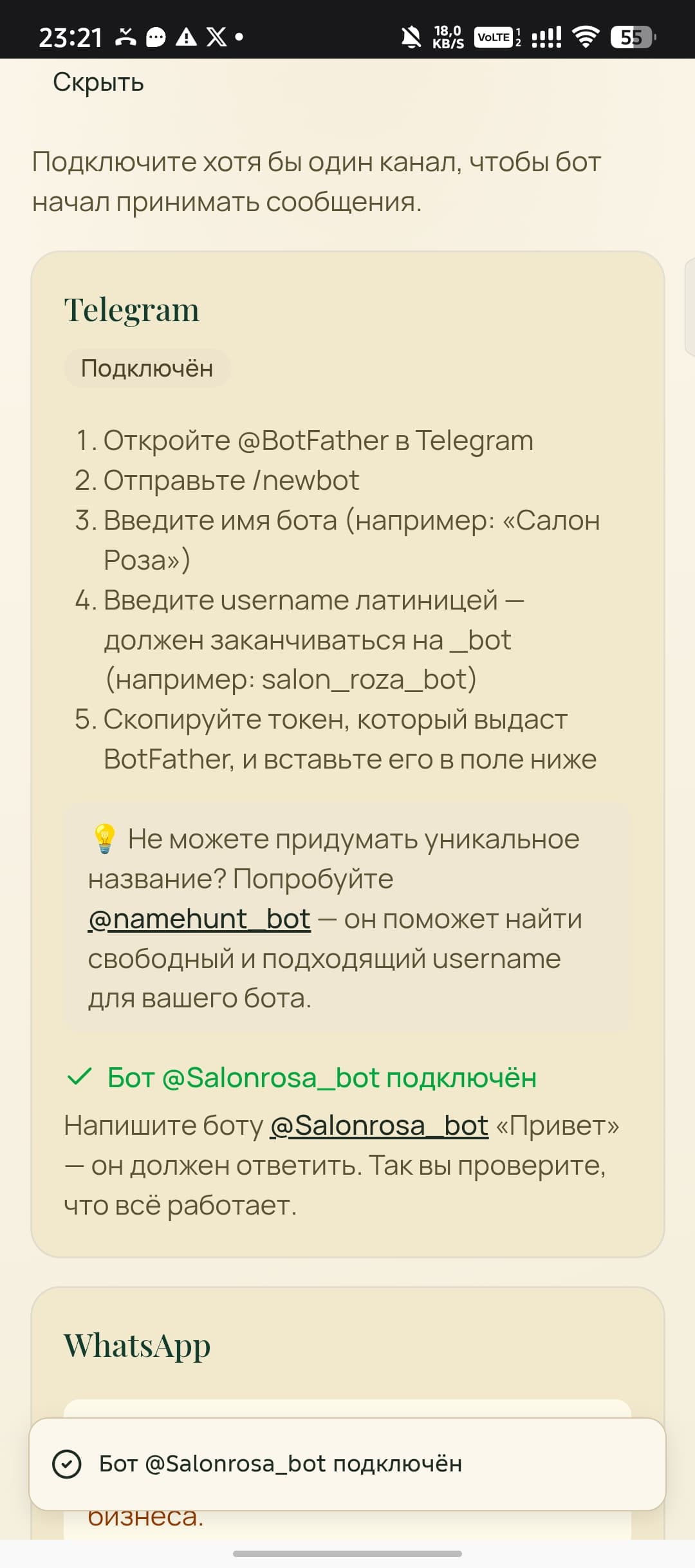 Готово — бот подключён