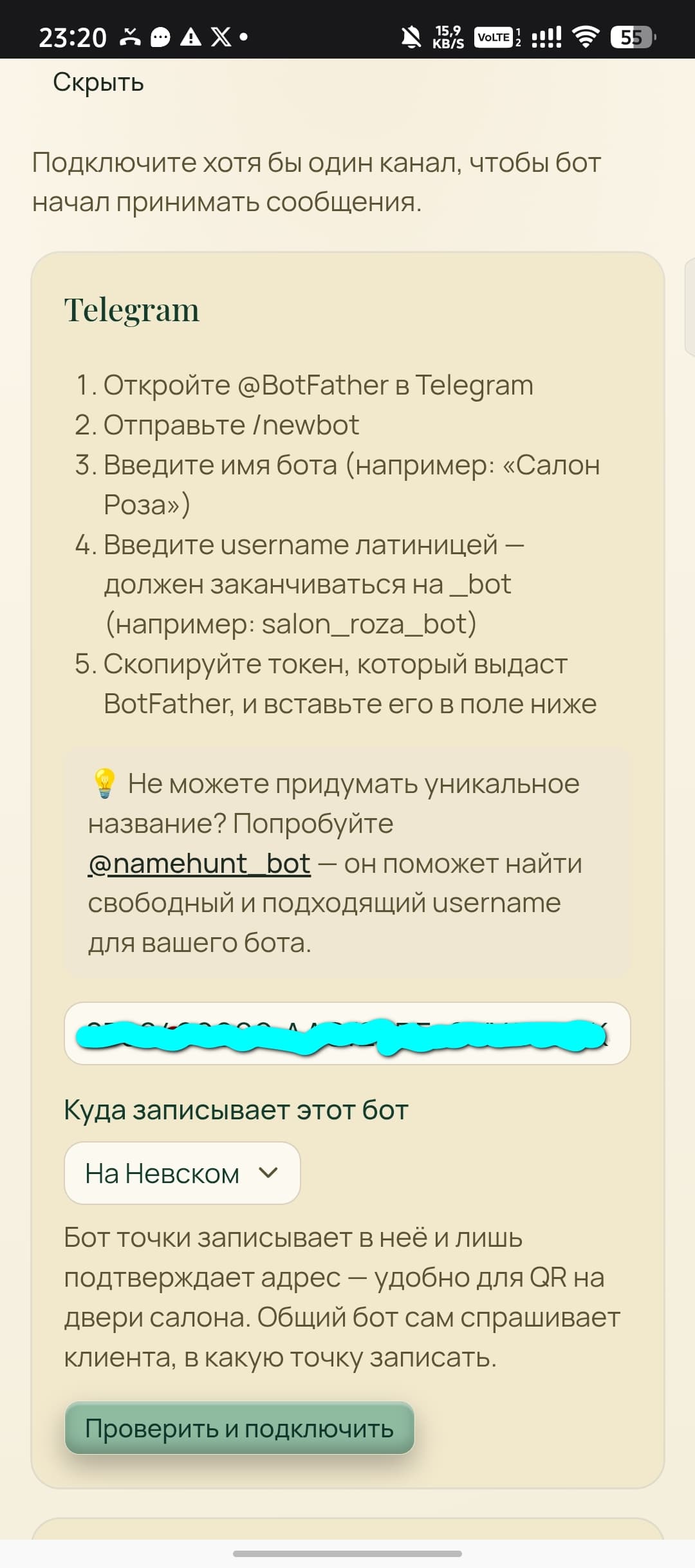 Вставьте токен и подключите
